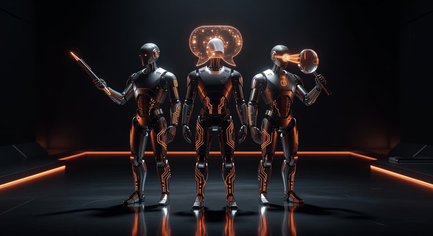 AI agent team with orange accents