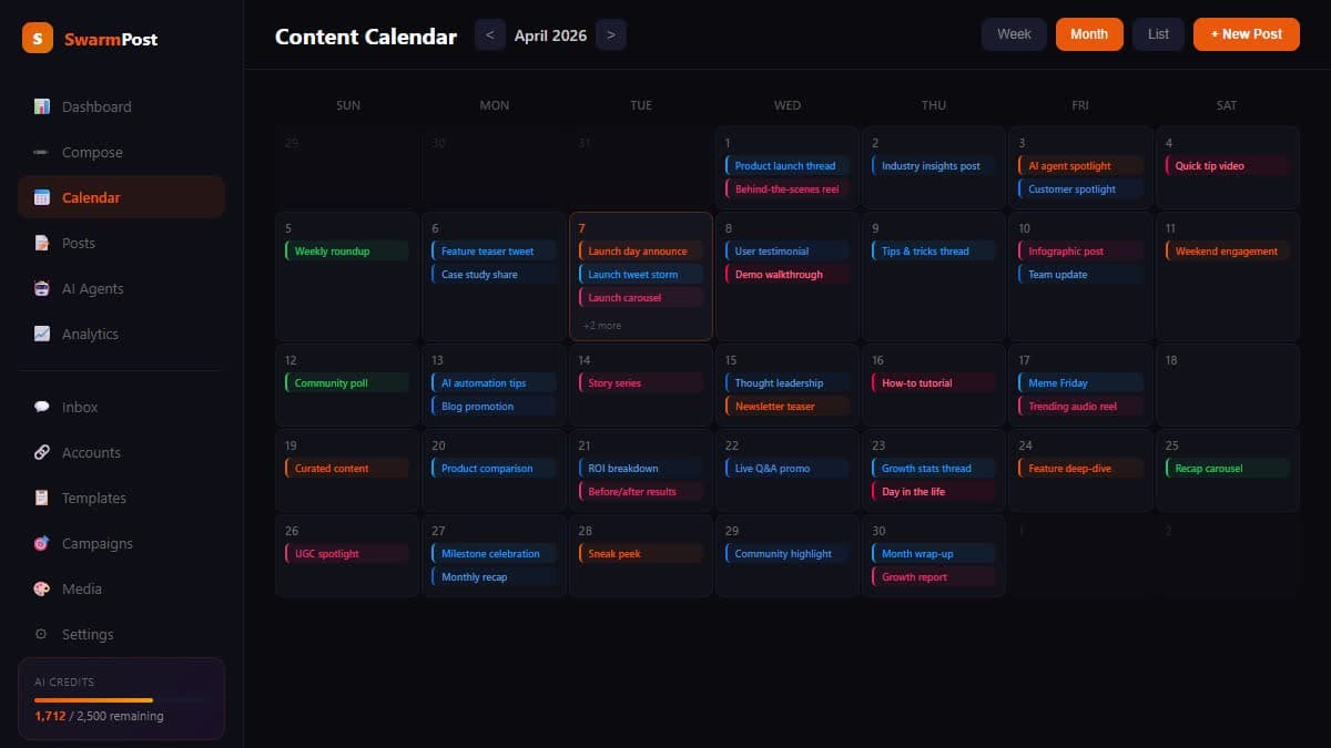 SwarmPost content calendar with multi-platform scheduling