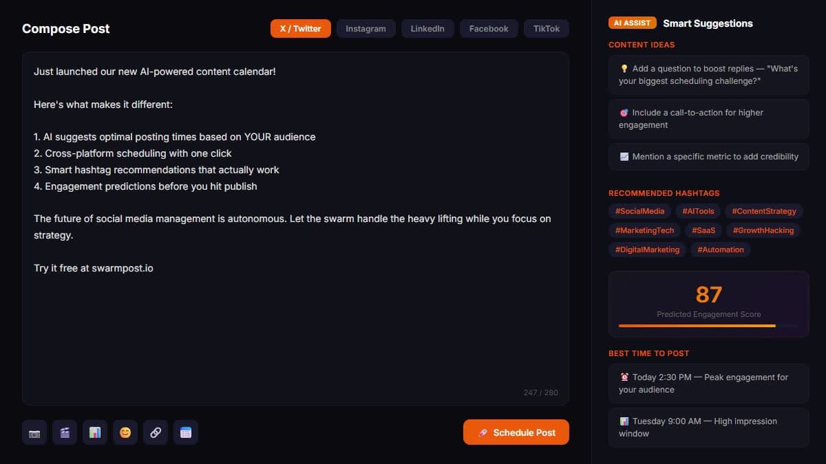 SwarmPost AI-powered post composer with platform previews